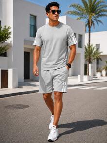 2pcs/Set Men's Unique Striped Print Summer Outfit, Including Round Neck Short Sleeve T-Shirt And Drawstring Shorts With Pockets - Light Grey - View 6