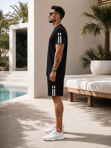 2pcs/Set Men's Unique Striped Print Summer Outfit, Including Round Neck Short Sleeve T-Shirt And Sports Shorts With Pockets And Drawstring - Black - View 5