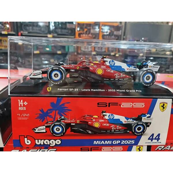 Bburago 1:24 Ferrari SF-25 F1 2025 邁阿密大獎賽 Lewis Hamilton 合金模型車附頭盔，F1 收藏展示車