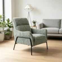 Green Textured Fabric Accent Chair, Black Metal Frame Padded Single Lounge Armchair - Green + Fabric - View 5
