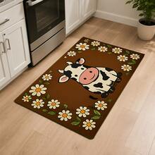 1pc Dark Brown Background White Daisy Surrounded Cartoon Cow Doormat, Farmhouse Childlike Pastoral Style Flannel Material Rectangular Rug, High-Definition Print Fine Edge Locking Anti-Slip Absorbent Foot Mat, Suitable For Entryway, Kitchen, Dining Room, Bathroom, Hallway, Balcony, Bedroom Home Decor - Multicolor - View 6