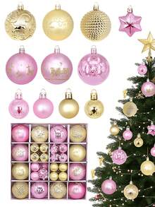 44p/Set Pink & Gold Glitter Christmas Ball With Texture,Assorted Baubles With Hooks,Pink & Gold Texture Designs For Xmas Tree Decor,New Year's Celebrations,Outdoor Decorations,Festive Atmosphere With These Christmas Ornaments - Rose Gold Christmas Ornament - View 2