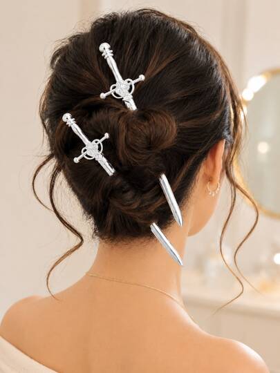 2pcs Women's Vintage Punk Heart Cross Sword Hair Sticks, Cool Silver Metal Straight Hair Pins, Updo Hair Accessories