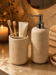 2pcs Set Faux Cave Stone Texture Resin Bathroom Accessories Set, Includes Soap/Lotion Dispenser And Divided Toothbrush Holder, Beige Stone Pattern Countertop Storage Rack, Suitable For Bathroom Sink, Washbasin, Guest Bathroom, Apartment, Hotel, Spa Center And Modern Minimalist Home Decor - New Model - View 4