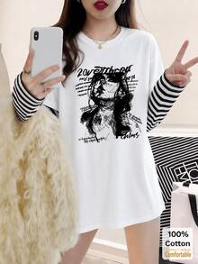 Kaos Lengan Panjang 2-in-1 dengan Motif Potret Wanita, Atasan Kasual Musim Gugur dengan Potongan Longgar - Putih - View 2