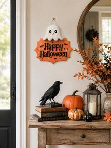1pc-Happy Halloween Cute Ghost 3D Wooden Hanging Sign, Orange Bat Star Wall Plaque, Farmhouse Autumn Fall Home Decor, Vintage Halloween Entryway Front Door Wall Ornament, Halloween Party Decorative Gift For Home Indoor - Multicolor - View 2