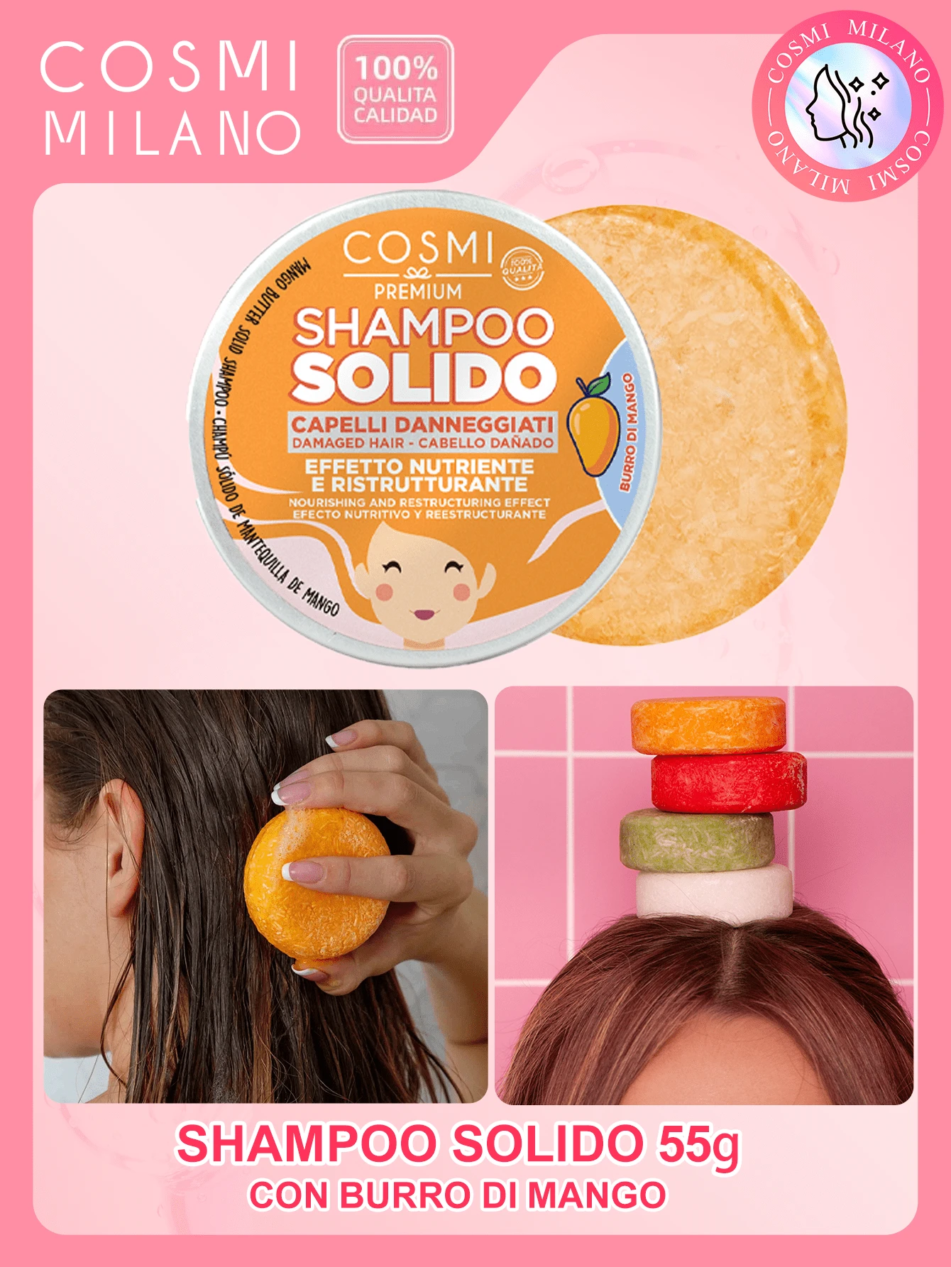COSMI MILANO Festes Shampoo 55 g in einer Metalldose. Formel mit Kokosöl, Granatapfel, Grüntee und Mangobutter für trockenes, fettiges und strapaziertes Haar. Für die häufige Anwendung geeignet. Reichhaltige Textur, dichter Schaum, langanhaltend. Praktisch für unterwegs, auslaufsicher. Ohne Sulfate und Silikone. Sanfte Haarpflege für Frühling und Sommer. - CON BURRO DI MANGOx1pz - Übersicht 1