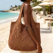 Large Capacity Hollow Knitted Tote Bag, Women's Lightweight Breathable Solid Color Woven Handbag, Suitable For Beach Travel Holiday Vacation Essentials - Brown - View 9