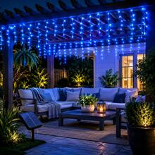 2pcs Solar Powered Blue Icicle String Lights, Outdoor Solar Powered Curtain Fairy Lights, 8 Flashing Modes, Auto On/Off, Blue LED Hanging Lights, Suitable For Garden, Yard, Fence, Eaves, Porch, Holiday Party Decoration - Blue - View 3