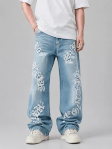 Men's Distressed Straight Jeans With Letter Print Design, Casual Street Style, Emo Style - Medium Wash - View 2