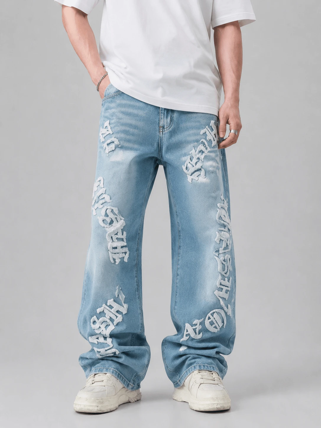 Men's Distressed Straight Jeans With Letter Print Design, Casual Street Style, Emo Style
