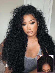V Part Kinky Curly Human Hair Wig No Leave Out No Glue No Sew In Blends Seamlessly with Kinky Curly Wig 180% Density U Part Wig Upgrade Beginner Friendly Natural Color Easy To Wear - Natural Black - Übersicht 2