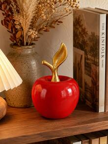 Red Apple Figurine With Gold Leaf, Fruit Sculpture Decor, Luxury Home Accent, Tabletop Centerpiece, Bookshelf Shelf Ornament, Office Desk Decor, Teacher Gift, Housewarming Gift, Fall Harvest Decoration - C - View 1