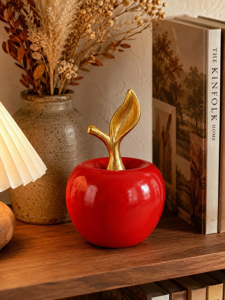 Red Apple Figurine With Gold Leaf, Fruit Sculpture Decor, Luxury Home Accent, Tabletop Centerpiece, Bookshelf Shelf Ornament, Office Desk Decor, Teacher Gift, Housewarming Gift, Fall Harvest Decoration - C - View 1