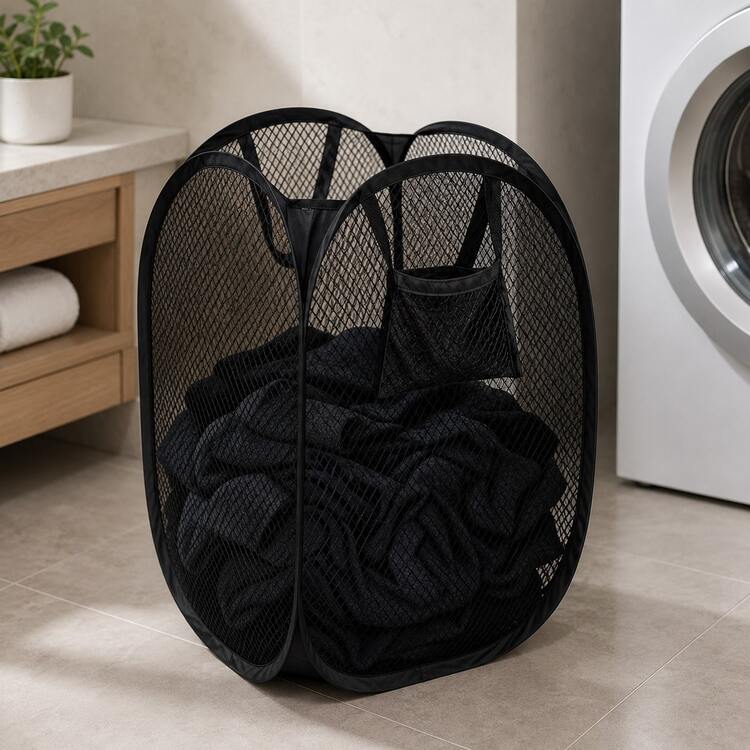 1pc/2pcs Foldable Mesh Laundry Basket, Black & White Pop-Up Laundry Hamper With Side Pockets, Breathable Collapsible Clothes Sorting Storage Bin, Suitable For Bedroom, Bathroom, Dorm, Laundry Room Storage - Multicolor - View 14