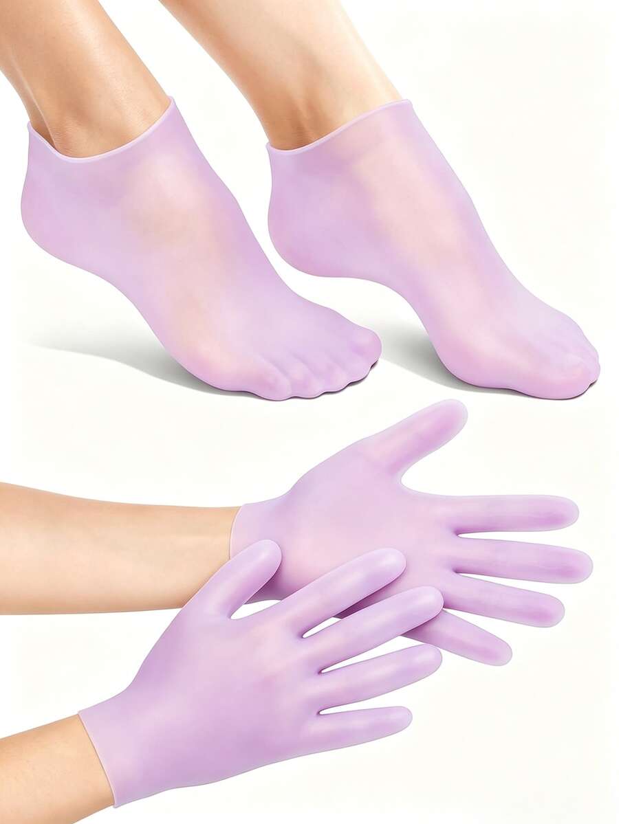 1 Pair Of Silicone Hand Pads And 1 Pair Of Foot Pads, Lady's Moisturizing Foot Pad. Soft Material, Comfortable Fit. Essential For Foot Care. - Purple - View 1