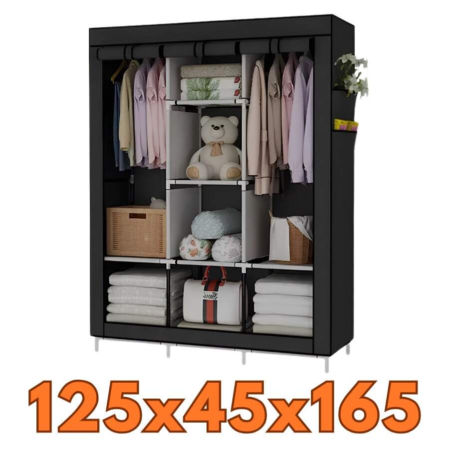 Foldable Wardrobe Closet For Organizing Clothes With Zipper - 125x45x165 黑色 - 查看 1