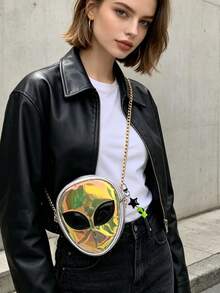 Holographic Alien Design Novelty Bag With Alien Charm, Mini Novelty Bag, PVC Material, Alien Design, Zipper Chain, Transparent Bag, Suitable For Work, Travel, Women's Color-Changing Laser Bag, Back To School Gift, Teacher Gift - Multicolor - View 2