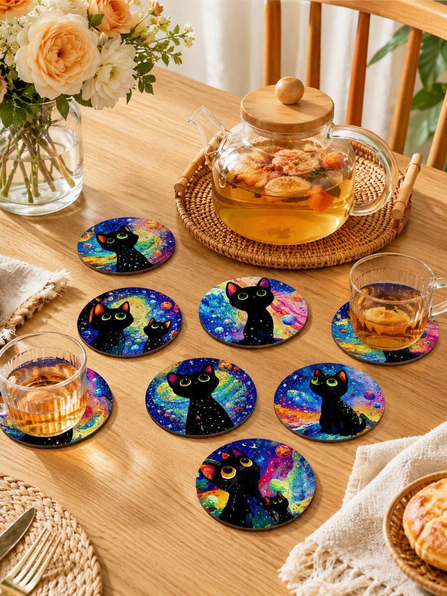 10pcs Galaxy Black Cat Wooden Coasters, Colorful Space Style Round Printed Wood Drink Coaster Set With Star Planet Cat Pattern, Decorative Cup Mats For Coffee Table Bedroom Party Decor - F - View 1