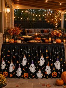1pc Cute Ghost Pumpkin 183x75cm Table Skirt, Kawaii Halloween Party Style Polyester Rectangle Printed Tablecloth With Pleated Edge, Candy Star Table Cover Decor For Home Party Indoor Outdoor - Multicolor - View 7