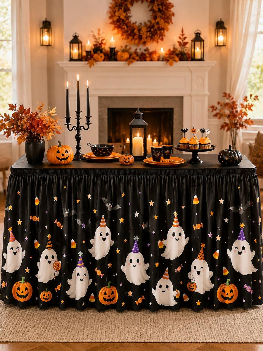 1pc Cute Ghost Pumpkin 183x75cm Table Skirt, Kawaii Halloween Party Style Polyester Rectangle Printed Tablecloth With Pleated Edge, Candy Star Table Cover Decor For Home Party Indoor Outdoor - Multicolor - View 1