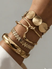 Set de 5 piezas de brazaletes anchos de diseño geométrico de metal de moda, adecuados para uso diario y como regalo - Amarillo Oro - Ver 2