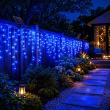 2pcs Solar Powered Blue Icicle String Lights, Outdoor Solar Powered Curtain Fairy Lights, 8 Flashing Modes, Auto On/Off, Blue LED Hanging Lights, Suitable For Garden, Yard, Fence, Eaves, Porch, Holiday Party Decoration - Blue - View 8