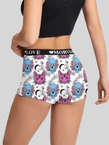 Dircho 1pc Women's Witchcraft Style Three-Eye Cat Skull All-Over Print Snug Fit Bikini Panties, Elastic Letter Waistband, Comfortable Non-Binding - Multicolor - View 1