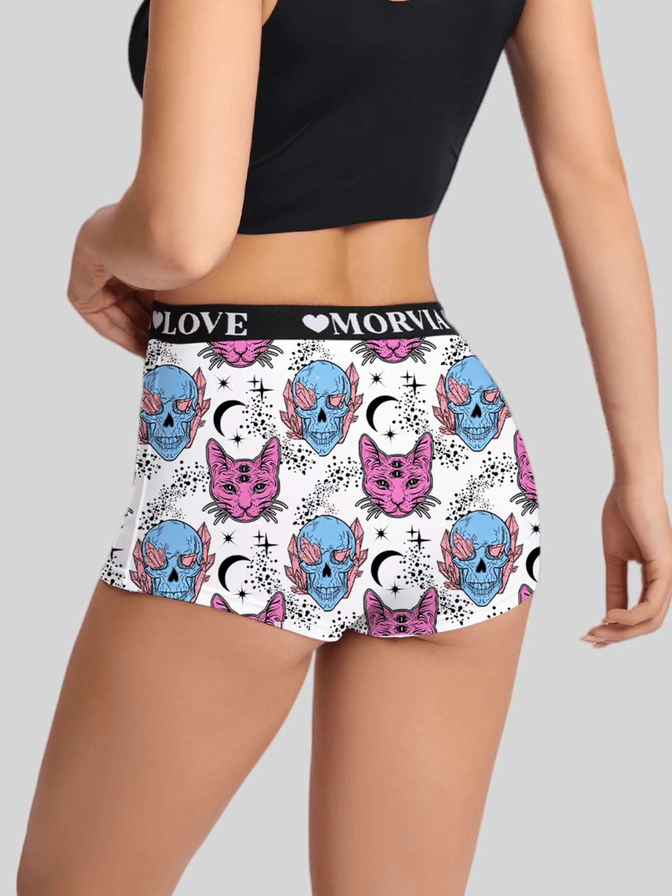Dircho 1pc Women's Witchcraft Style Three-Eye Cat Skull All-Over Print Snug Fit Bikini Panties, Elastic Letter Waistband, Comfortable Non-Binding - Multicolor - View 1