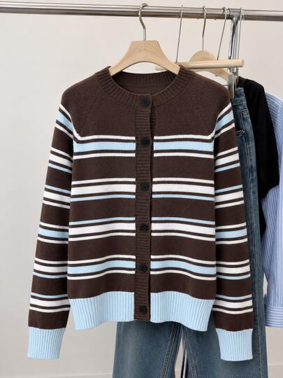 Women's Vintage Striped Knit Cardigan, Button Front, Long Sleeve Round Neck, Regular Fit, Medium Stretch Fabric, Suitable For Daily Fashion Wear