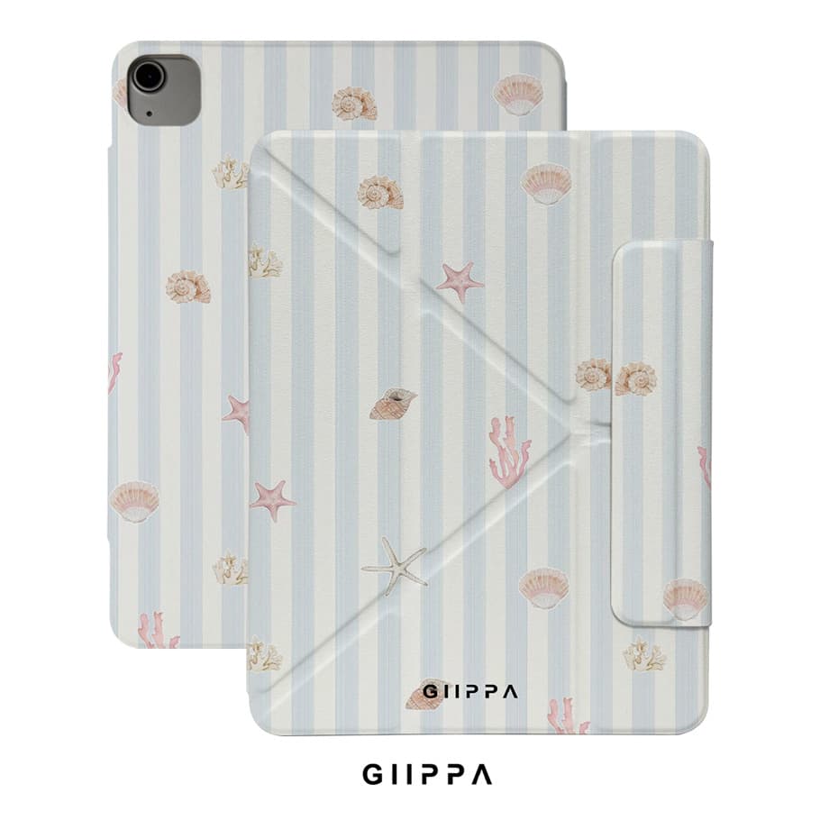GIIPPA 1pc Shell & Starfish Print Light Striped Y-Fold Magnetic Clasp Tablet Protective Case, PU Leather Shell With Hard Acrylic Anti-Bend Backplate, No Pen Slot, Multi-Angle Support, Auto Sleep/Wake, Shockproof Protective Cover With Soft Microfiber Lining, Minimalist Summer Aesthetic Lightweight Design, Suitable For School, Office And Daily Use, Summer, Case, 11 A16 Case, Cover