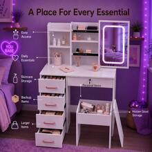 Vanity Desk Set With LED Lighted Mirror, Cute Y2K Makeup Vanity Table With Lockable Storage Drawer, Open Shelves & Matching Stool, Aesthetic Dressing Table For Girls Teens Women, Space Saving Bedroom Dorm Furniture, Perfect Gift For Her - White - View 4