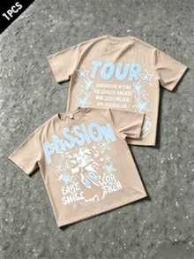 Men's Letter & Star Graphic Loose Round Neck Short Sleeve T-Shirt, World Tour T-Shirt-Premium Cotton Graphic Printed Round Neck T-Shirts - 杏色 - 查看 9