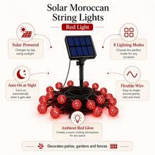 Solar Powered Moroccan Ball String Lights, Red LED Outdoor Garden Yard Decoration, Solar Powered Hanging Ball Fairy Lights, 8 Flashing Modes, Suitable For Balcony Fence Yard Party Holiday Home Decor - Red - View 4