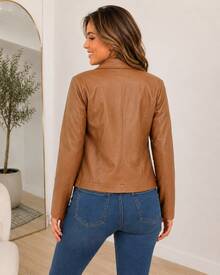 Women's White Leather Jacket Long Sleeve Stylish Winter Blazer Jacket Black Festa Junina - 焦糖皮革 - 查看 2