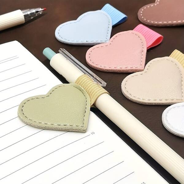 3pcs/2pcs/1pc Artificial Leather Pen Holder, Suitable For Notebooks, Journals, Planners, Tablet Cases, Self-Adhesive Pencil Holder With Elastic Ring, Suitable For Office, School And Learning Use, Pen Holder, School Supplies, Heart-Shaped Pencil Case, Learning Supplies