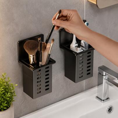 2pc Bathroom Shelf No Drill Black Wall Mounted Storage Rack Compact Toothbrush Holder With Drain For Shower Vanity