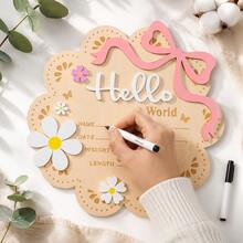 Baby Birth Information Record Plaque Wooden Hello World Name Sign Newborn Photography Backdrop Prop Daisy Flower Bow Decoration Plaque Full Moon 100 Days Anniversary Gift - Multicolor - View 6