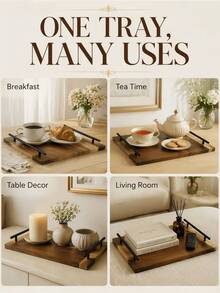 Platter, Wooden Plate, Wooden Tray, Breakfast Tray, Serving Tray, Handheld Wooden Plate, Rectangular Wooden Tray, Rectangular Tray With Handles, Suitable For Desserts, Fruits, Snacks, Appetizers And Breakfast And Dining Use, Perfect For Home Decor And Kitchen Use, Suitable For Christmas, Halloween And Other Holiday Gatherings - View 5