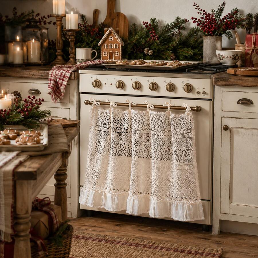 1pc Vintage Hollow Lace Semi-Transparent Decorative Curtain, Stove Oven Cabinet Cover, Minimalist Cream Style Kitchen Home Decor (Size 76*54cm) - Beige - View 1
