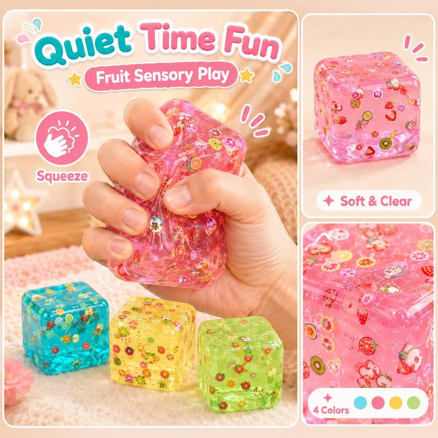 Mainan Squishy Kubus Jeli Buah 4 Warna, Mainan Remas Lembut untuk Meredakan Stres, Mainan Ujung Jari, Hadiah Seru untuk Remaja dan Dewasa