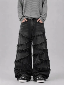 1件 Infinite Jeans 美国街头时尚男士拼接宽松舒适阔腿牛仔裤，四季皆宜的百搭牛仔裤（产品不含腰带和配饰） - 黑色 - 查看 1