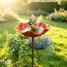 1件戶外鳥浴盆，紅色鳥食碗，適合花園，耐候性野鳥洗澡花園裝飾，適用於庭院或露台裝飾 - A - 查看 8