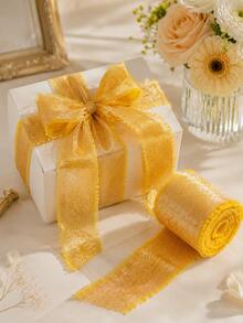 1 Roll Multi-Color Silk Chiffon Ribbon, 1.5 Inch X 4.92 Yards, Frayed Edge Shiny Satin Ribbon, Suitable For Wedding Bouquet Packaging, Gift Box Wrapping, Cake Decoration, Hair Bow DIY Crafts, Bridal Invitation Cards, Party And Holiday Decoration Supplies - Gold Foil Chiffon Ribbon - View 4