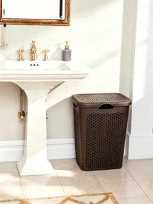 38L Wäschekorb im Rattan-Look mit Deckel, Cut Out atmungsaktives Design, staubdichter Klappdeckel und Griffe für einfachen Transport, ideal zum Aufbewahren von schmutziger Wäsche, Handtüchern und Stoffartikeln in Badezimmern und Schlafzimmern - Verschiedenfarbig - Übersicht 2