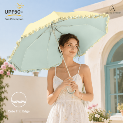 Women's Cute Ruffle Foldable Umbrella, Fashionable UV Protection Sun Umbrella, Portable 3-Fold Rain Umbrella, With Gift Bag, Suitable For Travel And Outdoor