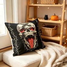 1pc Digital Print Pillowcase/Cushion Cover, Cool Rock Punk Style Skull With Tongue And Spiked Chain Pattern, Halloween Home Decor (Pillow Insert Not Included) - Multicolor - View 8