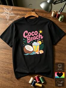 تي شيرت قطني بطباعة جرافيك كوكتيل وجوز الهند بطراز استوائي عصري من COCO BEACH لعطلة الصيف - الأسود - مشاهدة 1