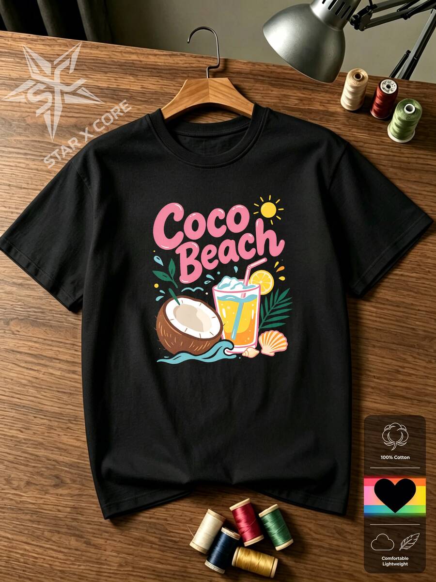تي شيرت قطني بطباعة جرافيك كوكتيل وجوز الهند بطراز استوائي عصري من COCO BEACH لعطلة الصيف - الأسود - مشاهدة 1