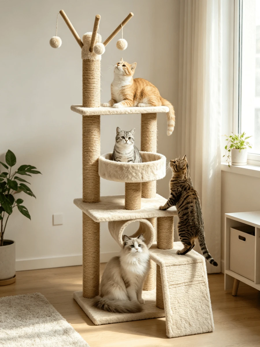 1pc Multi-Layer Large Cat Tree Tower With Sisal Scratching Posts, Cat Tunnel Cave, Round Nest Perch, Ramp Ladder & Hanging Pom-Pom Toys, Stable Multi-Cat Activity Play Furniture For Indoor Kittens And Adult Cats - Multiple Specifications - View 1